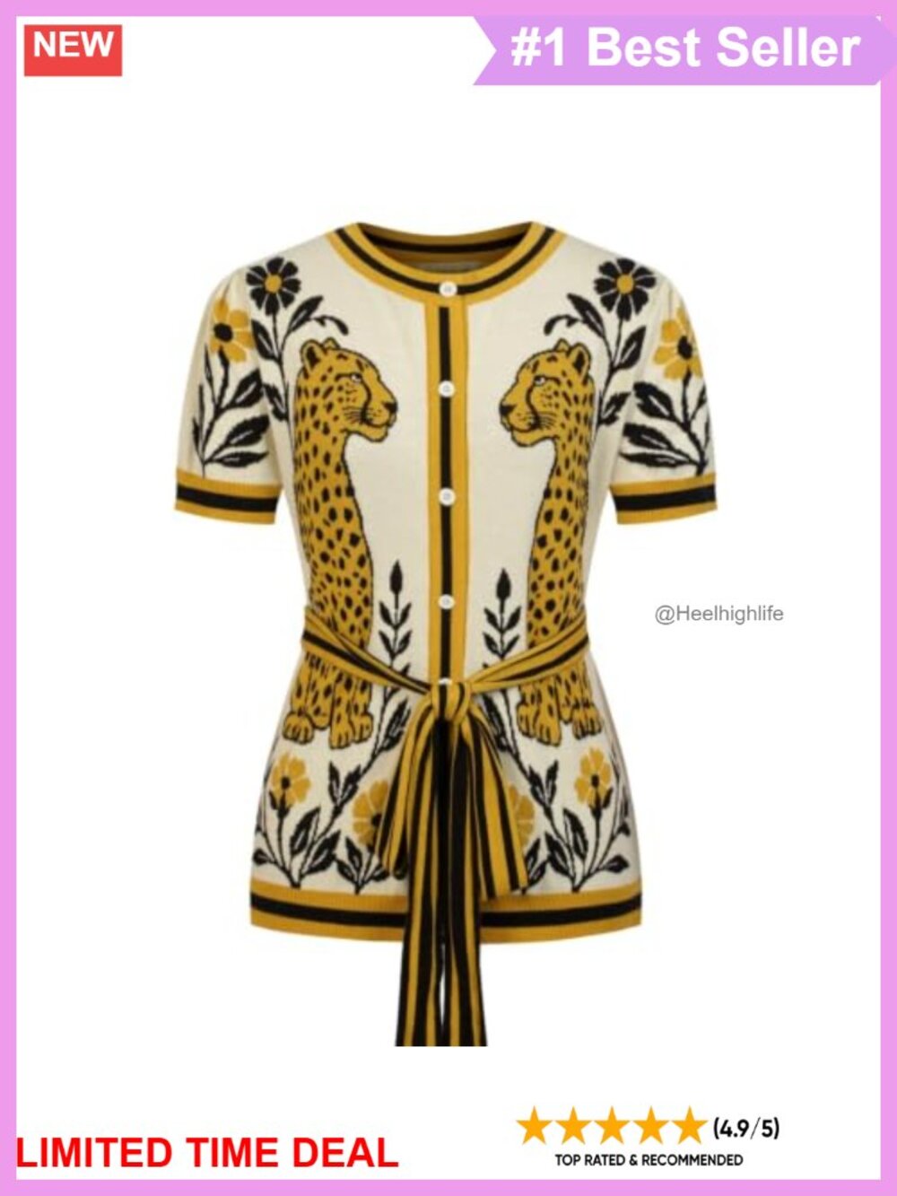 Retro Knit Jacquard Cardigan Button Down Short Sleeve Ribbon Waist